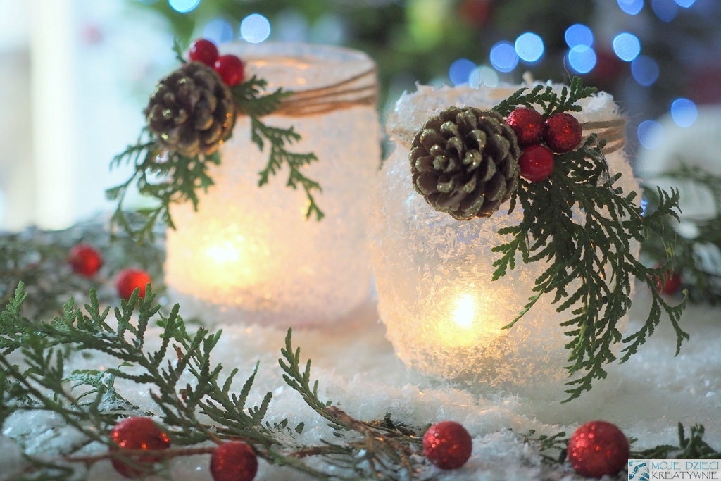 lampion ze słoika diy, dekoracje bożonarodzeniowe, diy, oszronione lampiony jak zrobić