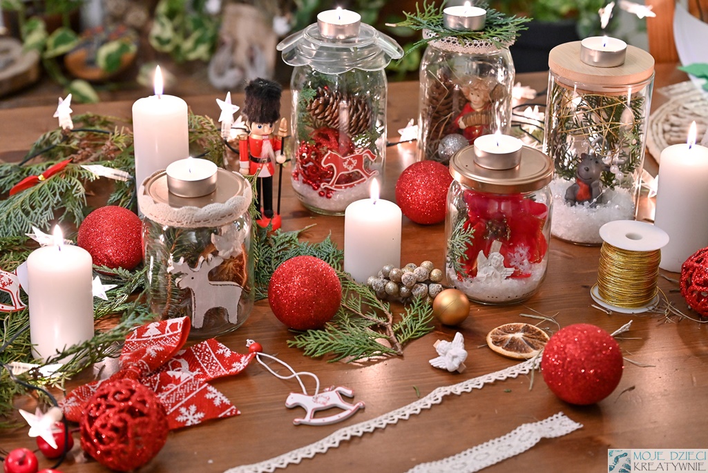 Prosty stroik świąteczny, stroik na stół wigilijny, stroik bożonarodzeniowy, stroik w słoiku