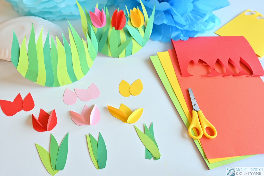 prace plastyczne wiosna, wiosenne prace plastyczne, łąka, kwiaty, tulipany z papieru, moje dzieci kreatywnie