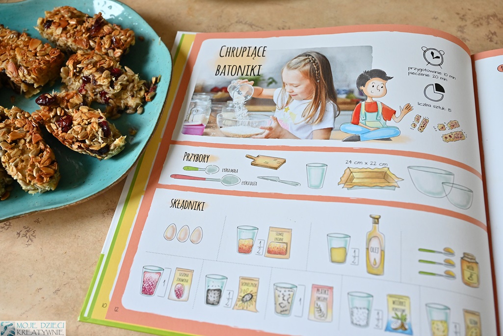 książka kucharska dla dzieci, gotuj z Alą i Antkiem, nauka gotowania dla dzieci, kreatywne zabawy w kuchni, chrupiące batoniki, ilustrowana książka kucharska