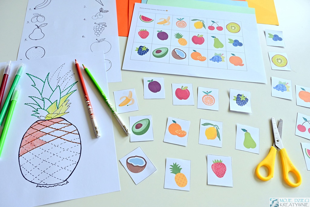 kreatywne kolorowanki, owoce, karty pracy pdf dla dzieci, przedszkole, owocowe zabawy, kreatywny skarbiec