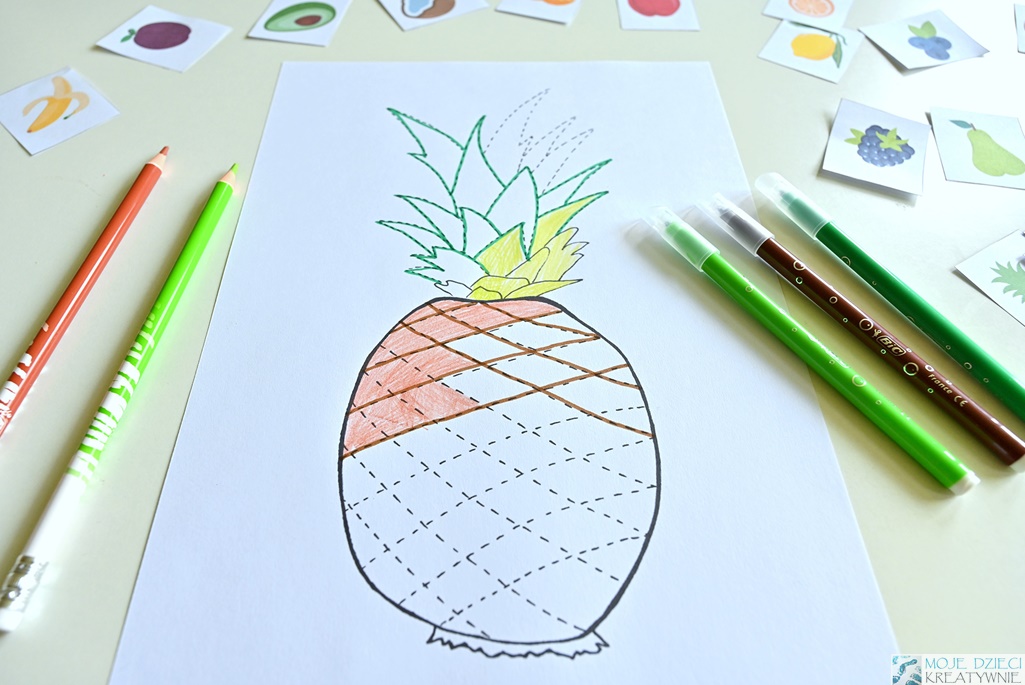 grafomotoryka, rysownie po kropkach, rysowanie po liniach, kolorowanki owoce, przedszkole, kreatywny skarbiec.