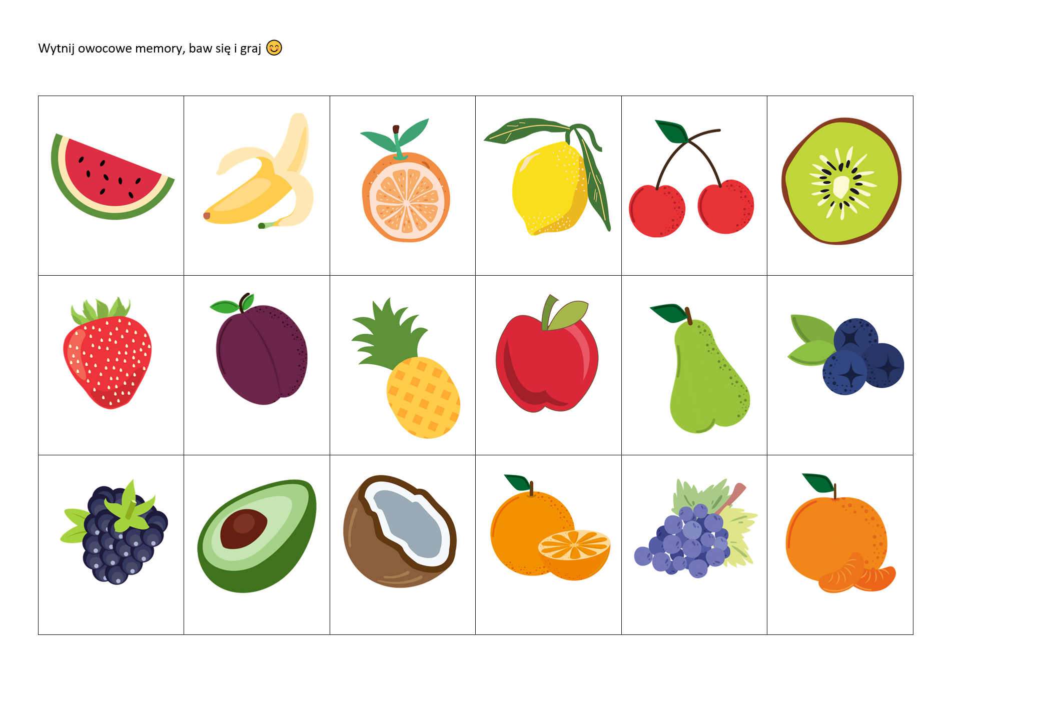 owocowe memory do druku, memo pdf, owoce do druku, kreatywny skarbiec, owocowe zabawy