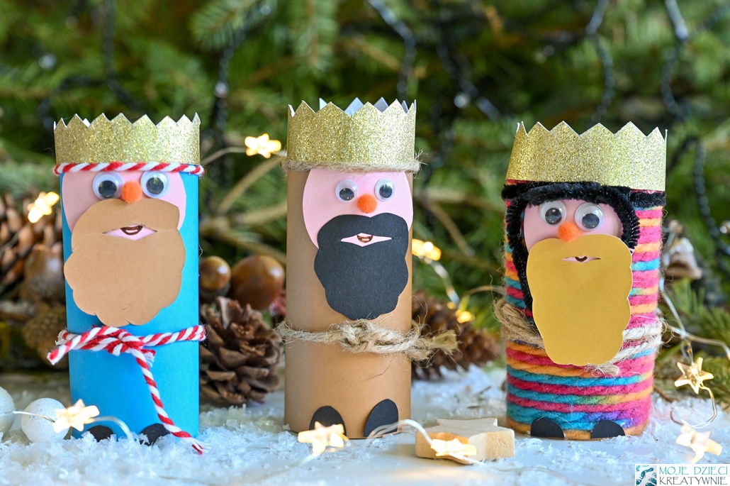 trzej królowie praca plastyczna, trzej królowie z rolek od papieru, dekoracje świąteczne z rolek po papierze